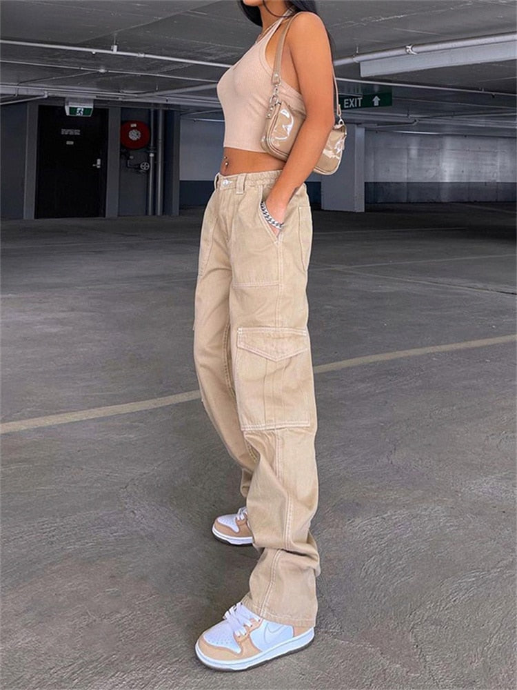 Vintage Cargo Pocket Straight Khaki Jeans