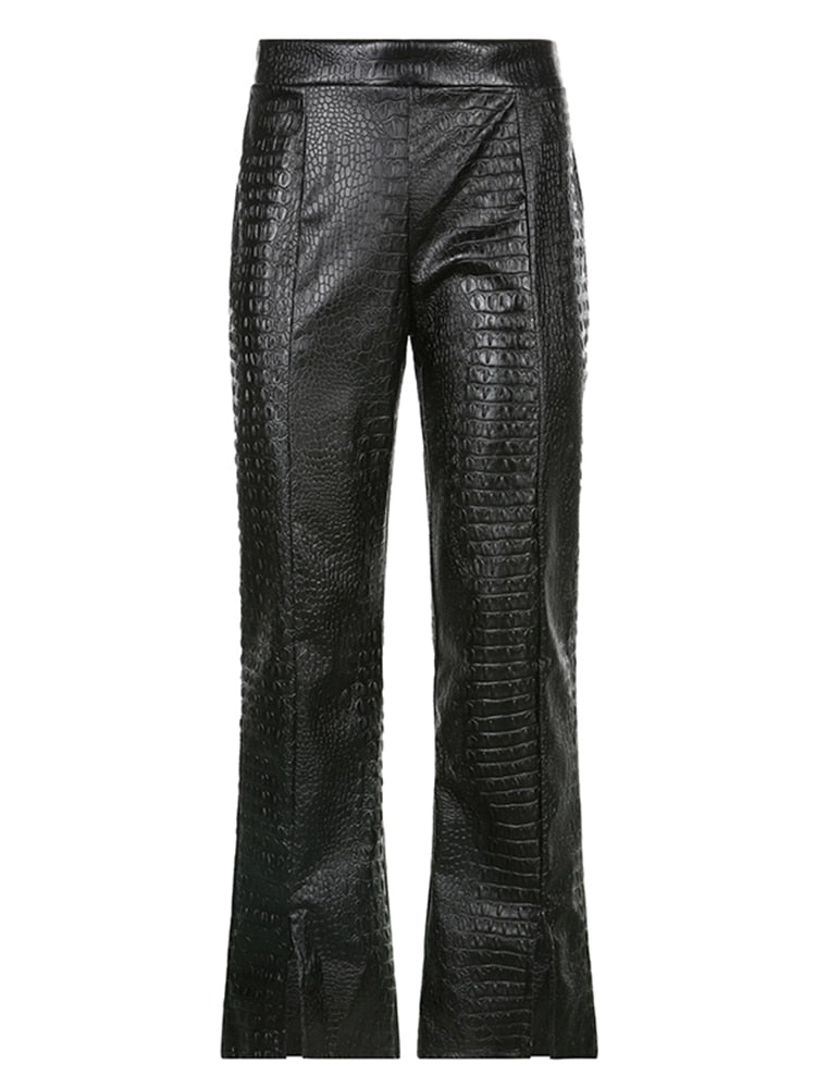 Vintage Zipper Patched Leather Black Pants