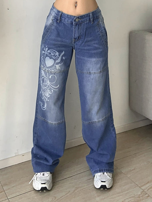 Vintage Low Waist Print Cargo Baggy Blue Jeans