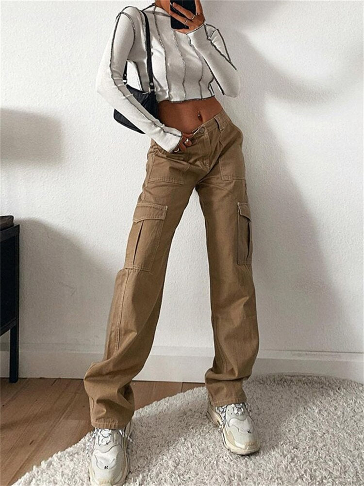 Vintage Cargo Pocket Straight Khaki Jeans