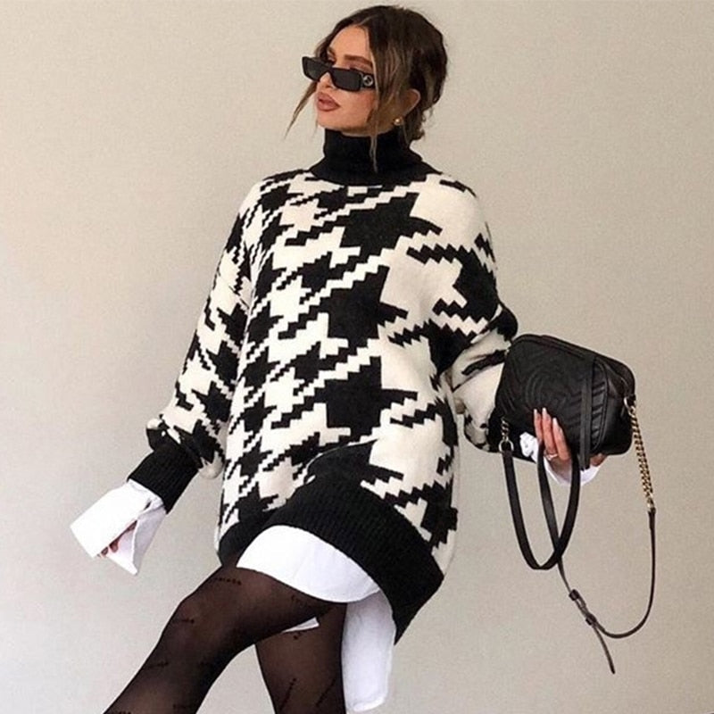 Turtleneck Houndstooth Oversized Pulovers