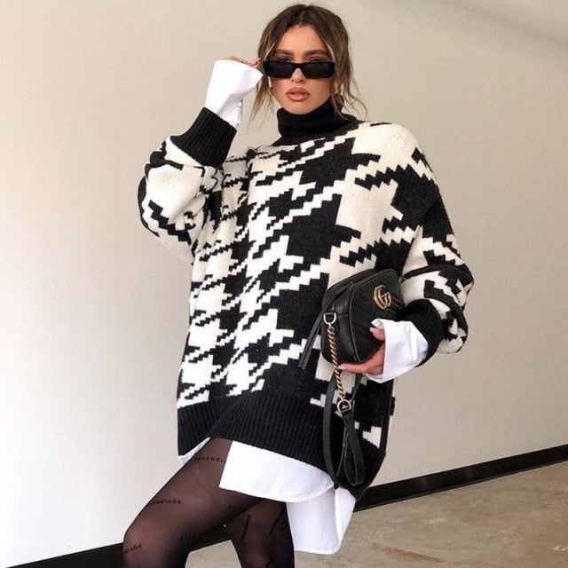 Turtleneck Houndstooth Oversized Pulovers