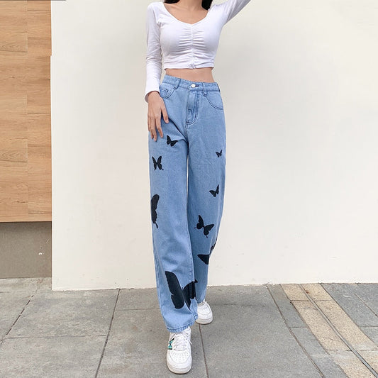 Print Straight Blue Denim Pants