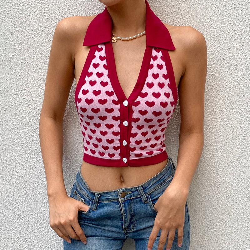 Heart Print Knitted Bustier Cropped Halter Tops