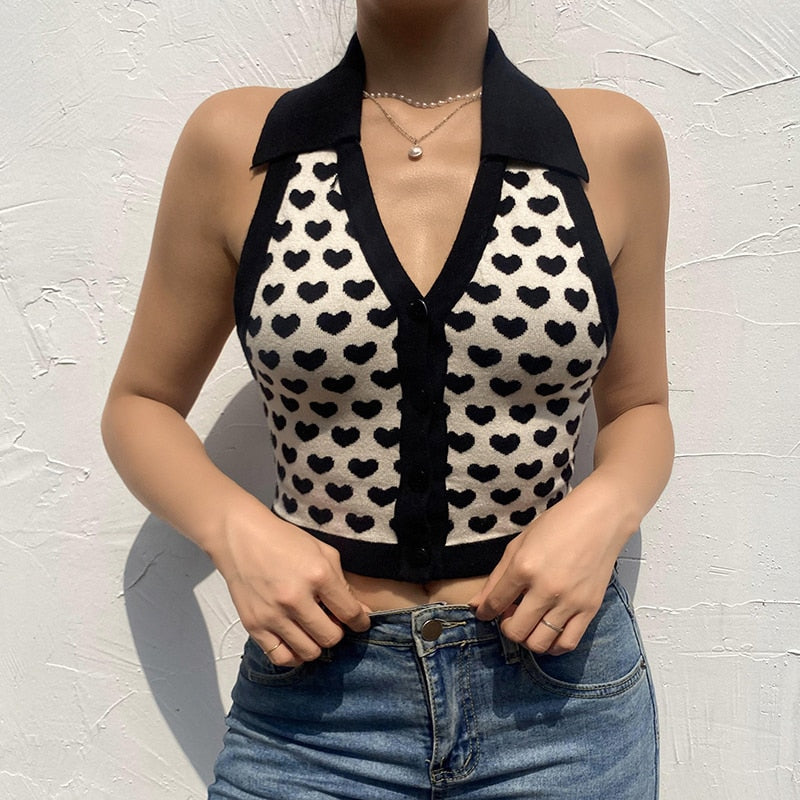 Heart Print Knitted Bustier Cropped Halter Tops