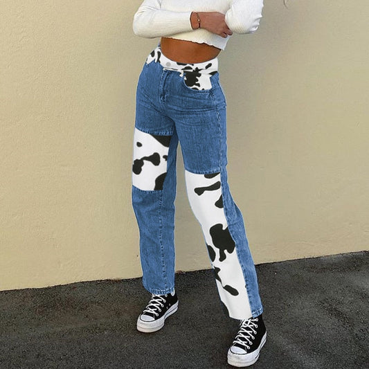 Milk Cow Print Straight Jeans