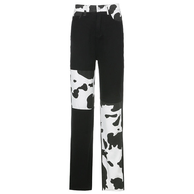 Milk Cow Print Straight Jeans