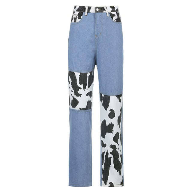 Milk Cow Print Straight Jeans