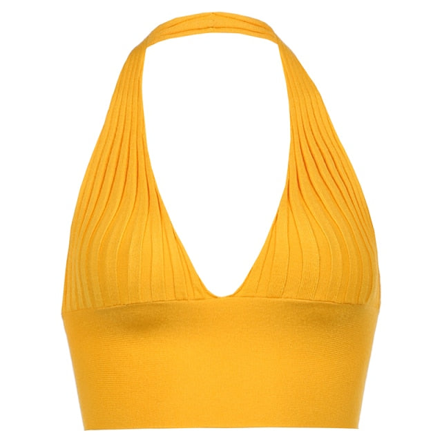 V Neck Bandage Knitted Halter Crop Tops