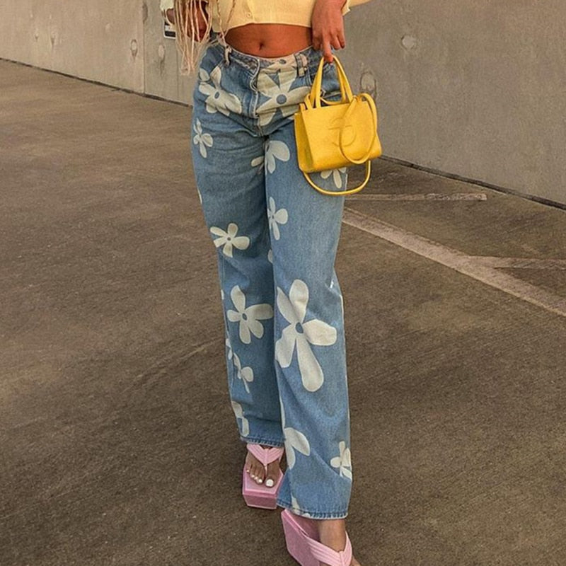 Floral Printed Denim Pants