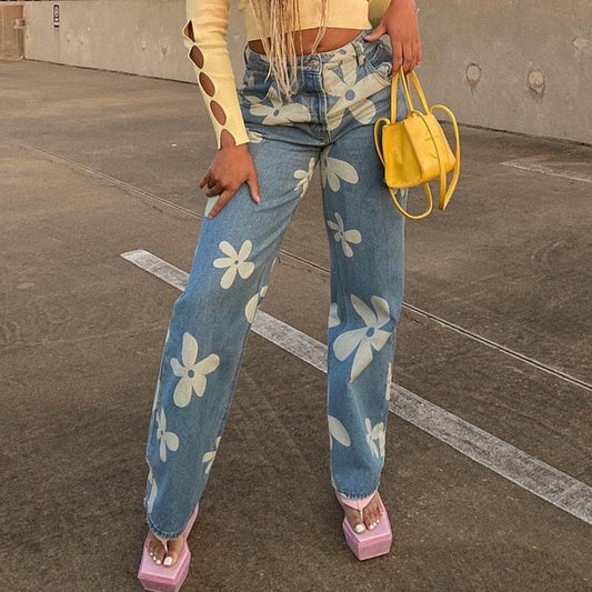 Floral Printed Denim Pants