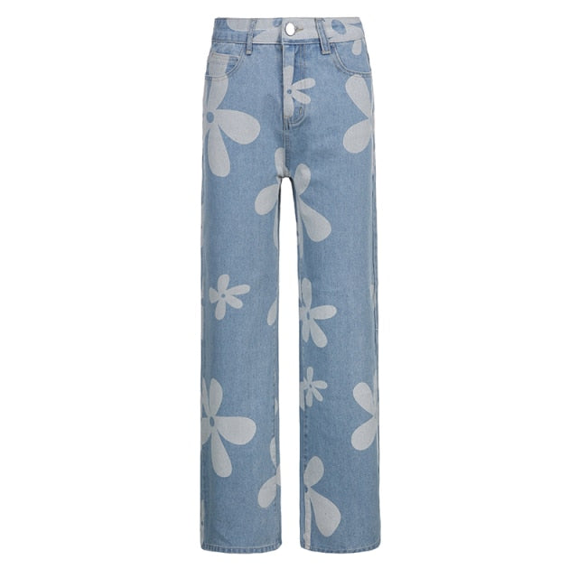 Floral Printed Denim Pants